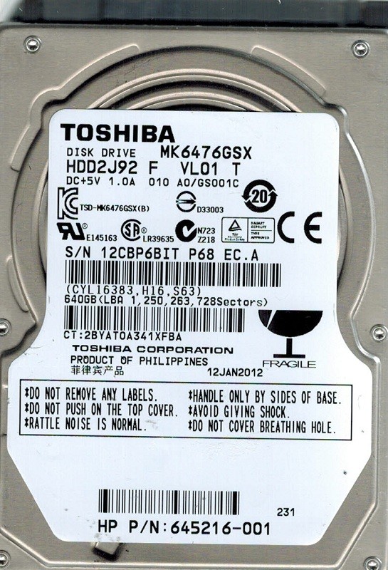 Toshiba MK6476GSX 640GB HDD2J92 F VL01 T PHILIPPINES