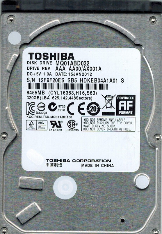 Toshiba MQ01ABD032 320GB AAA AA00/AX001A CHINA
