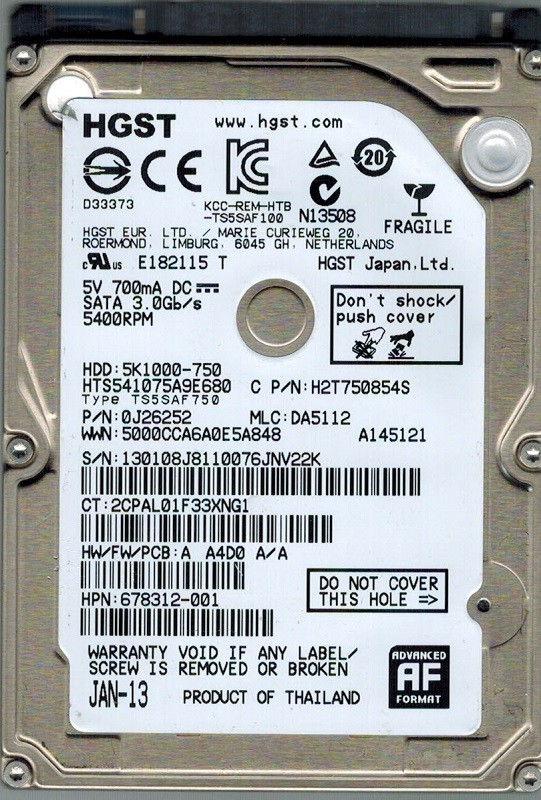 Hitachi HTS541075A9E680 P/N: 0J26252 MLC: DA5112 750GB