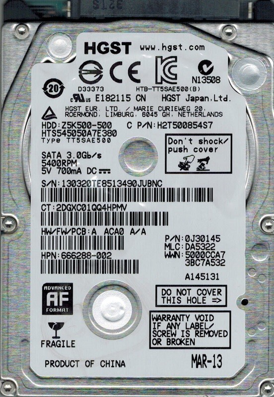 HTS545050A7E380 Hitachi MLC: DA5322 P/N: 0J30145 500GB