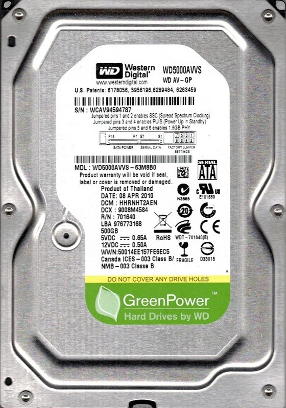 WD5000AVVS-63M8B0 DCM: HHRNHT2AEN WESTERN DIGITAL 500GB