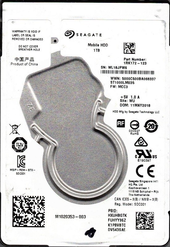 ST1000LM035 P/N: 1RK172-123 F/W: MCC3 WU WL1 Seagate 1TB Mobile HDD