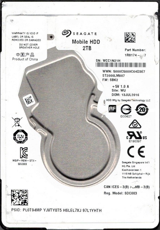 ST2000LM007 P/N: 1R8174-567 F/W: SBK2 WU WCC1 Seagate Mobile HDD 2TB