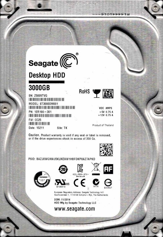 ST3000DM001 P/N: 1ER166-301 F/W: CC25 TK Z500 11/2014 Seagate Desktop HDD 3TB
