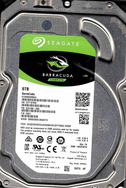 ST8000DM004 P/N: 2CX188-568 F/W: 0001 TK ZCT1 SEP 2019 Seagate 8TB