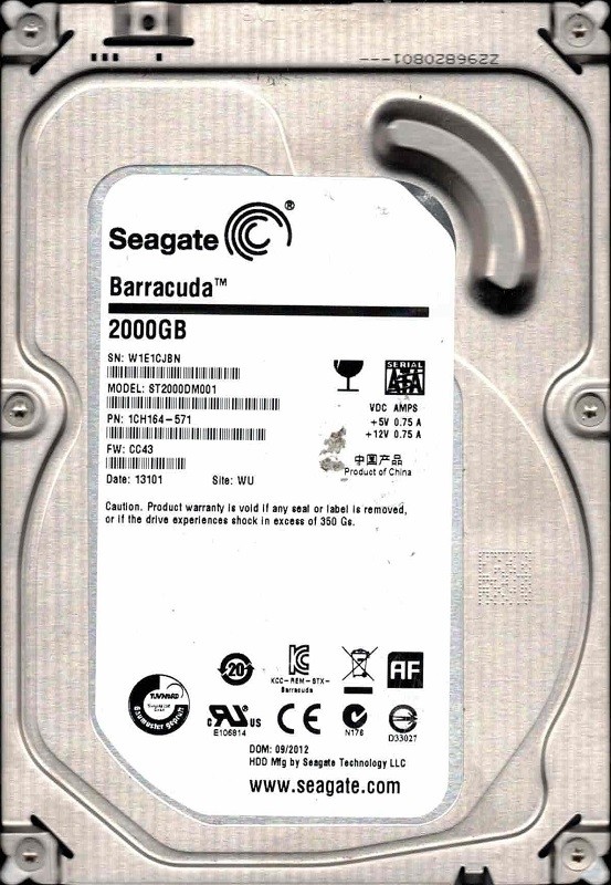 ST2000DM001 F/W: CC43 P/N: 1CH164-571 WU W1E1 09/2012 Seagate 2TB