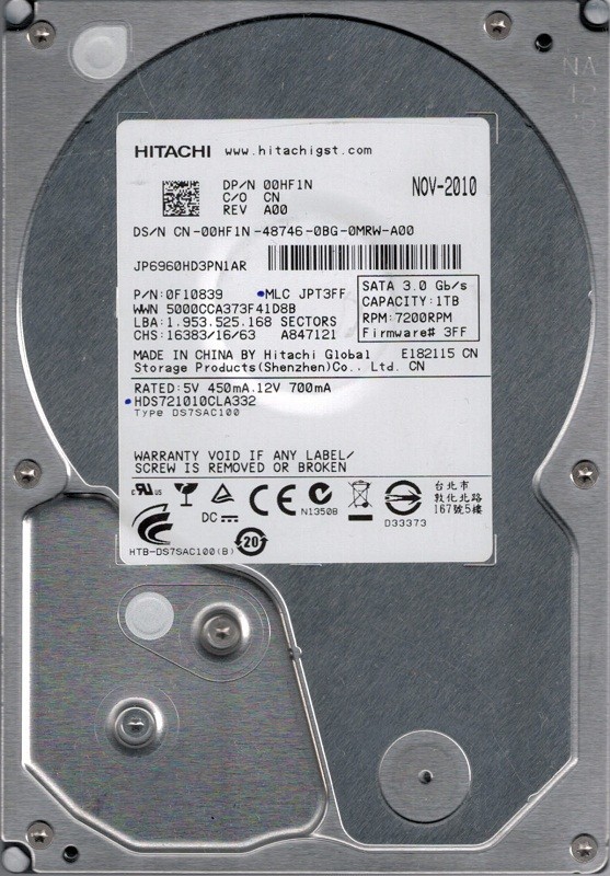HDS721010CLA332 P/N: 0F10839 MLC: JPT3FF China Hitachi 1TB