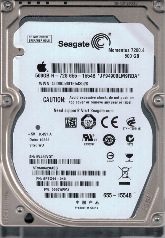 ST9500420ASG P/N: 9PSG44-040 F/W: 0007APM2 WU MAC 655-1554B Seagate 500GB