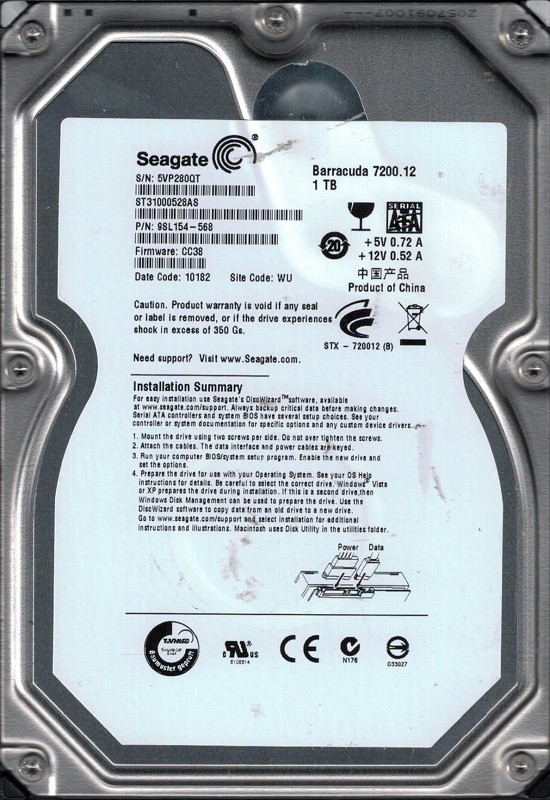 ST31000528AS P/N: 9SL154-568 F/W: CC38 WU 5VP Seagate 1TB