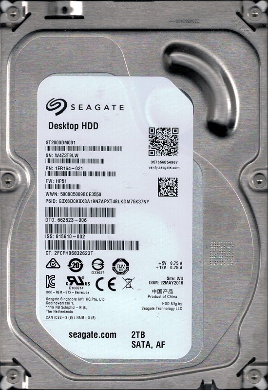 ST2000DM001 P/N: 1ER164-021 F/W: HP51 WU W4Z Seagate 2TB