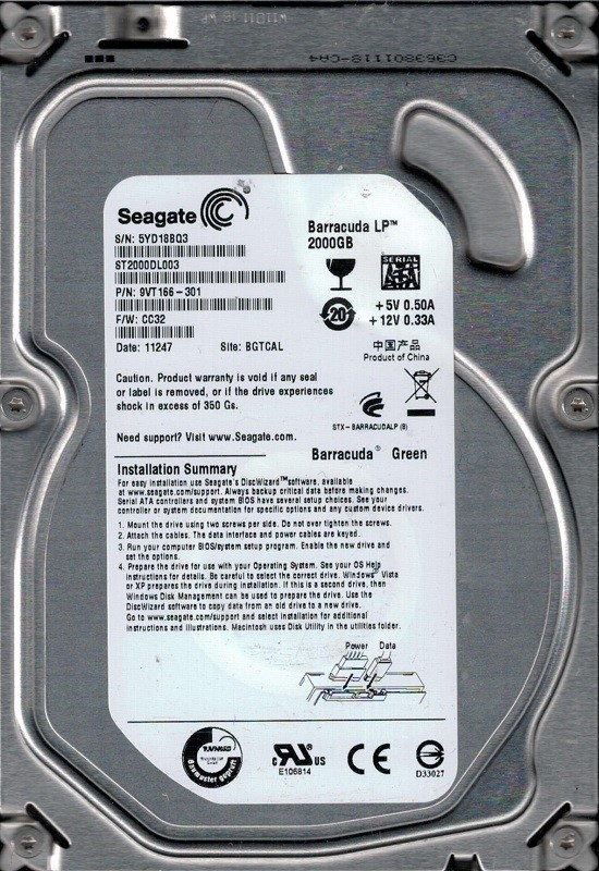Seagate ST2000DL003 F/W: CC32 P/N: 9VT166-301 BGTCAL 5YD1 2TB