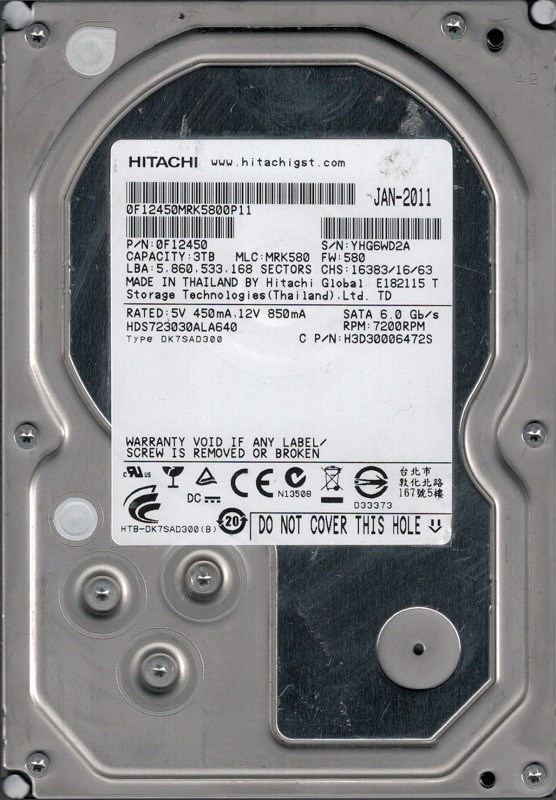 HDS723030ALA640 P/N: 0F12450 MLC: MRK580 Hitachi 3TB