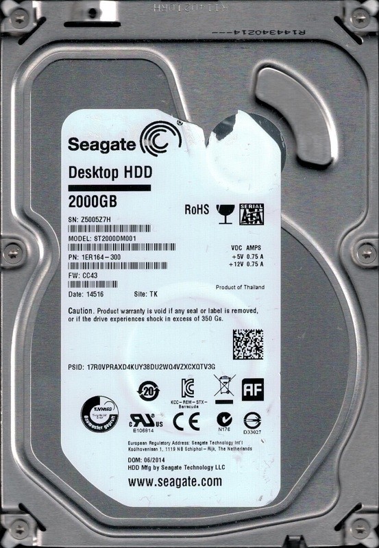 Seagate ST2000DM001 P/N: 1ER164-300 F/W: CC43 TK 2TB Z50
