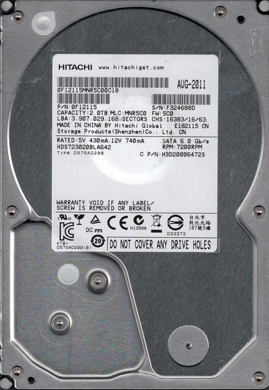 Hitachi HDS723020BLA642 P/N: 0F12115 MLC: MNR5C0 2TB