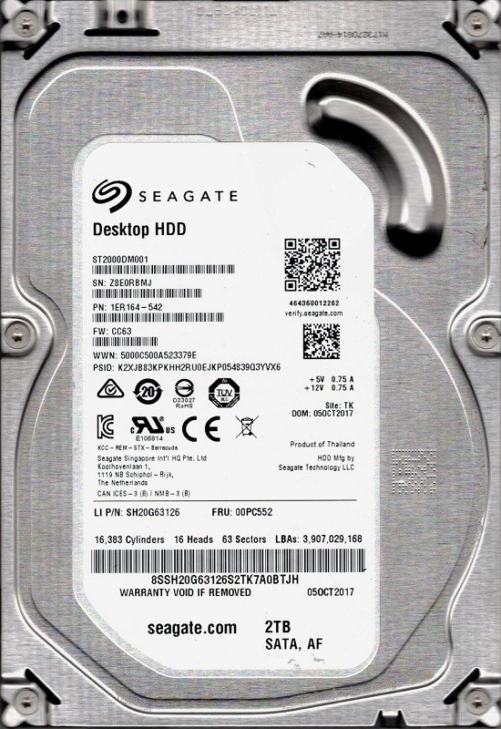 ST2000DM001 P/N: 1ER164-542 F/W: CC63 TK Z8E Seagate 2TB