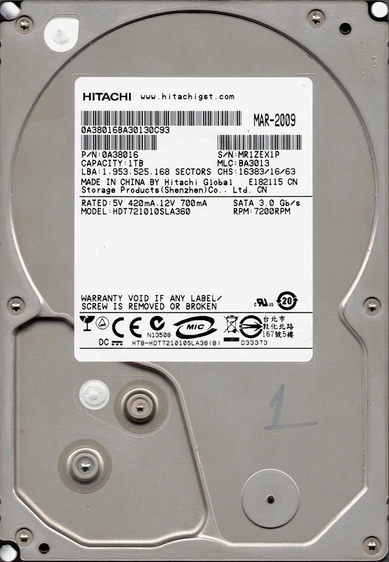 HDT721010SLA360 P/N: 0A38016 MLC: BA3013 1TB Hitachi 3.5" HDD