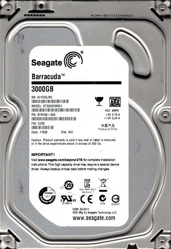 ST3000DM001 F/W: CC95 P/N: 9YN166-568 WU W1F0 Seagate 3TB