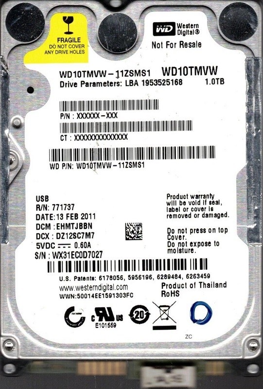 Western Digital WD10TMVW-11ZSMS1 USB 3.0 1TB DCM: EHMTJBBN WX31E