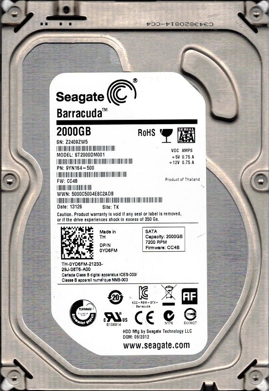 Seagate ST2000DM001 P/N: 9YN164-500 F/W: CC4B 2TB TK Z24 Desktop HDD
