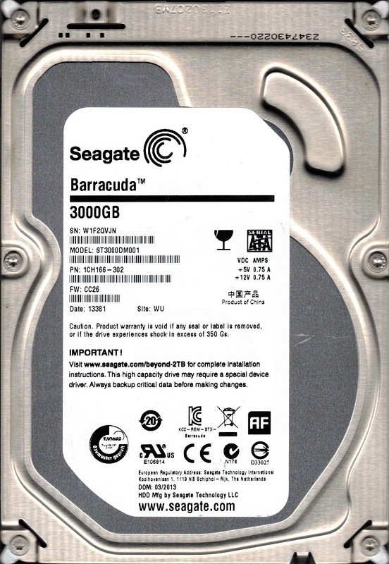 ST3000DM001 Seagate P/N: 1CH166-302 F/W: CC26 3TB WU W1F