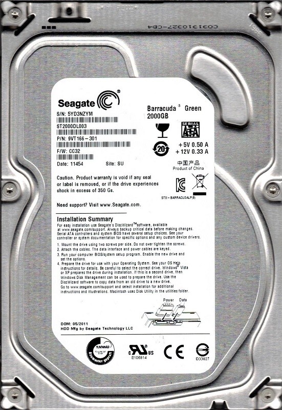 Seagate ST2000DL003 F/W: CC32 P/N: 9VT166-301 2TB SU 5YD Desktop Hard Drive