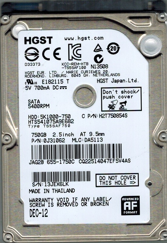 Hitachi HTS541075A9E682 P/N: 0J31062 MLC: DA5113 750GB MAC 655-1750C