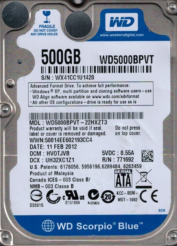 Western Digital WD5000BPVT-22HXZT3 500GB DCM: HVOTJVB