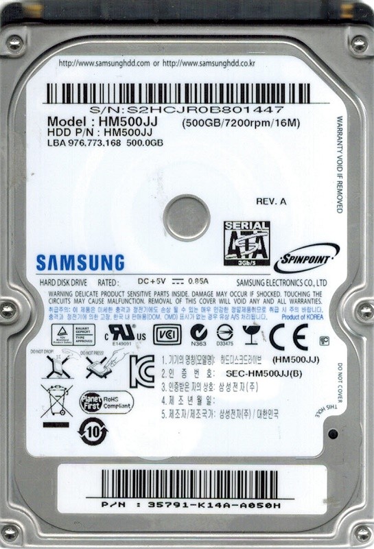 Samsung HM500JJ SPINPOINT 500GB P/N: 35791-K14A-A050H