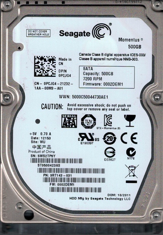 ST9500423AS P/N: 9RT143-031 F/W: 0002DEM1 WU 5WS Seagate 500GB