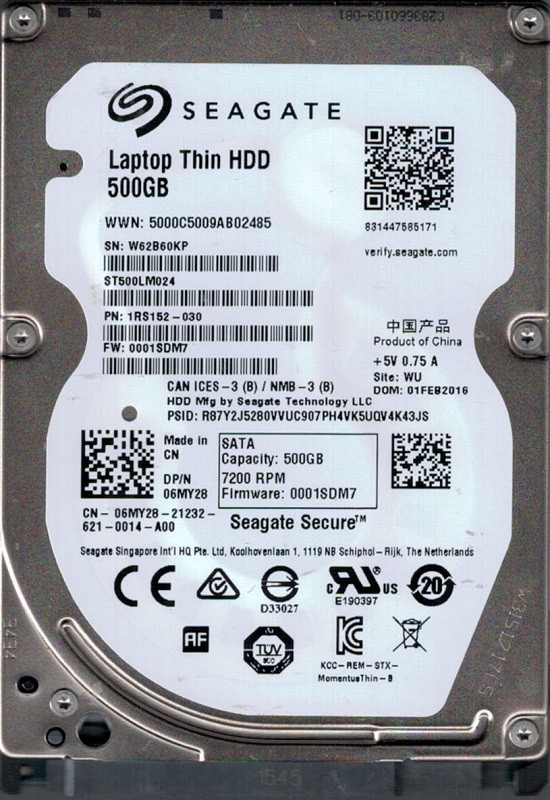 ST500LM024 P/N: 1RS152-030 F/W: 0001SDM7 WU W62 Seagate 500GB