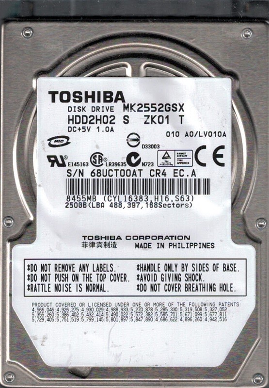 Toshiba MK2552GSX 250GB HDD2H02 S ZK01 T F/W: A0/LV010A