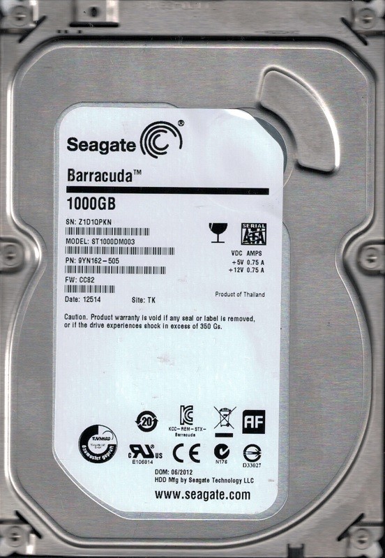 Seagate ST1000DM003 P/N: 9YN162-505 F/W: CC82 TK Z1D 1TB