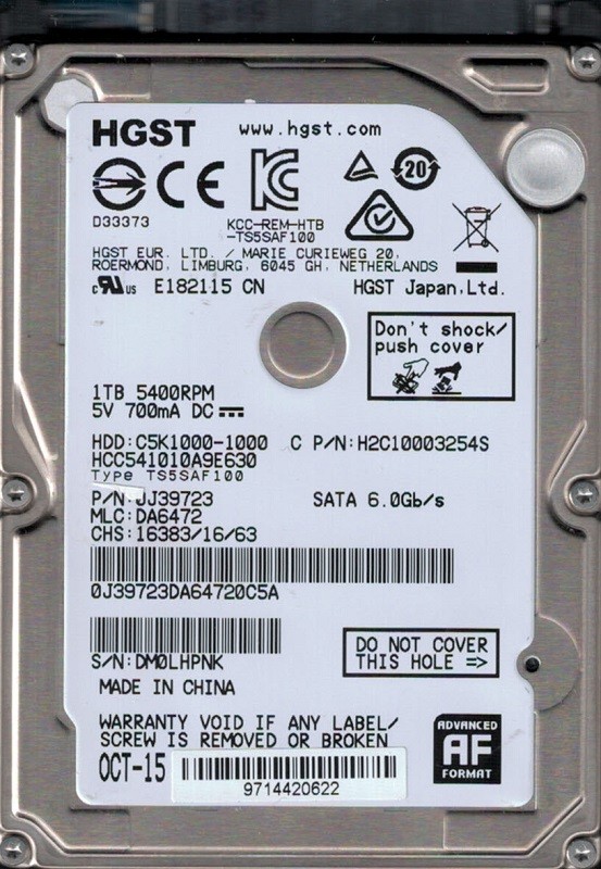 HCC541010A9E630 P/N: 0J39723 MLC: DA6472 China HGST 1TB