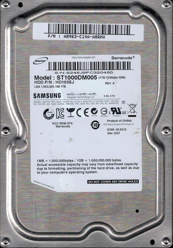 Samsung ST1000DM005 HD103SJ 1TB P/N: A8963-C14A-A0RHV Seagate