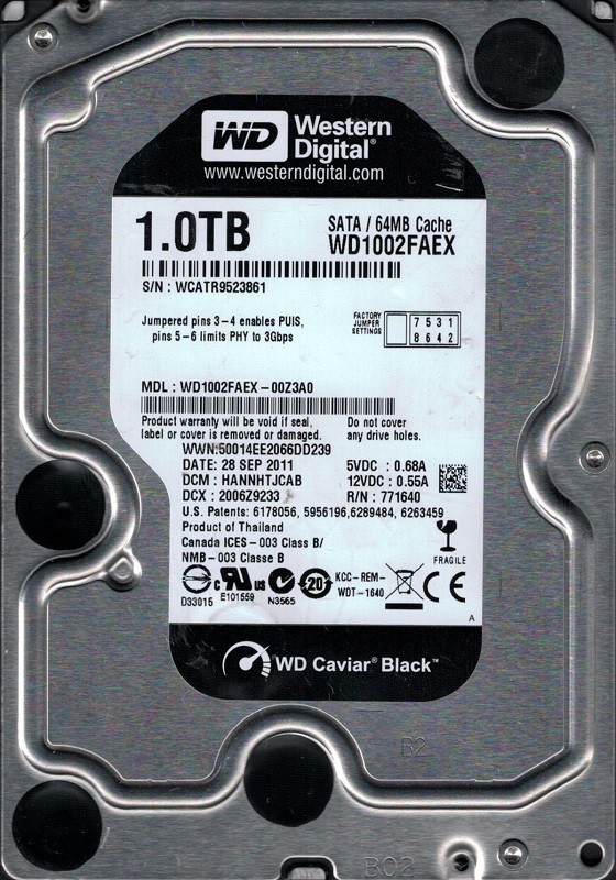 WD1002FAEX-00Z3A0 DCM: HANNHTJCAB WCATR Western Digital 1TB