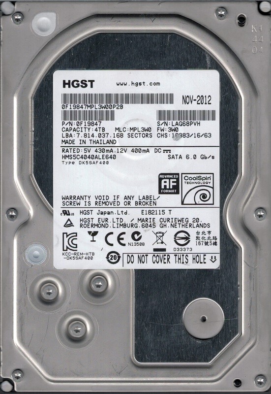 HMS5C4040ALE640 P/N: 0F19847 MLC: MPL3W0 HGST 4TB