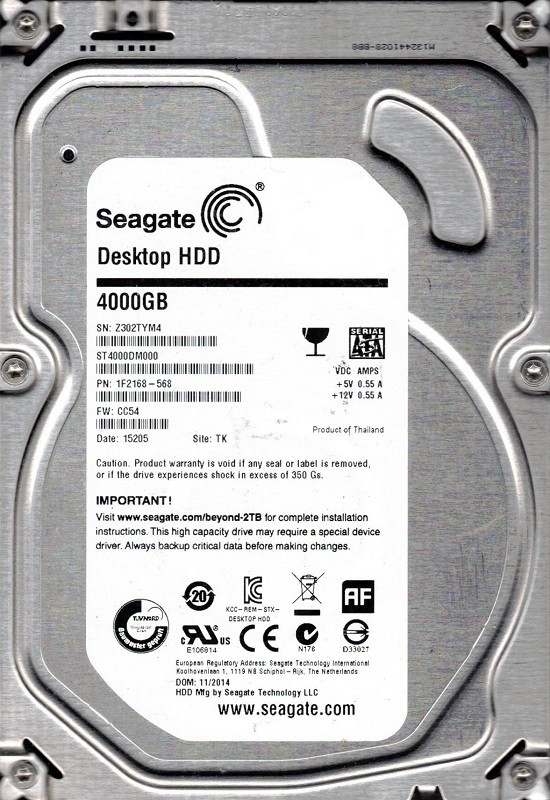 Seagate ST4000DM000 P/N: 1F2168-568 F/W: CC54 TK Z30 4TB Desktop HDD