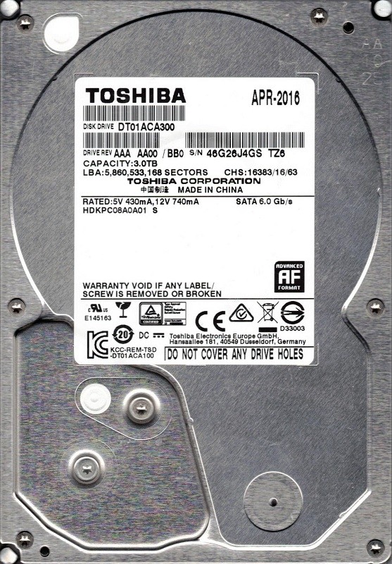 DT01ACA300 AAA AA00/BB0 P/N: HDKPC08A0A01 Toshiba 3TB