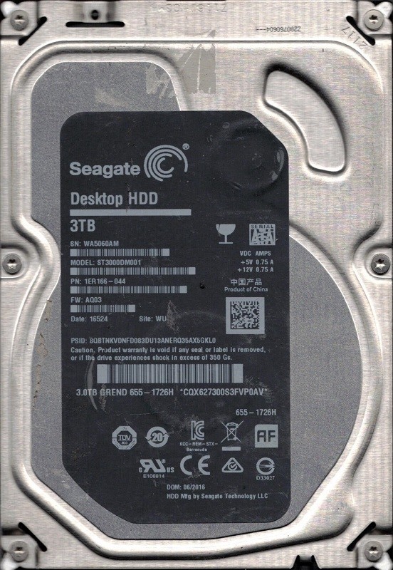ST3000DM001 P/N: 1ER166-044 F/W: AQ03 WU WA5 MAC 655-1726H Seagate 3TB