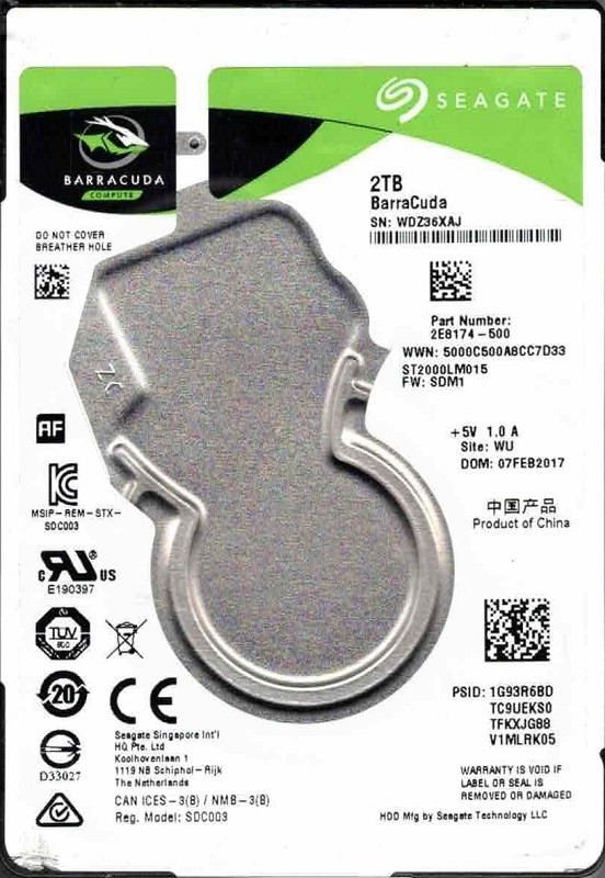 ST2000LM015 P/N: 2E8174-500 F/W: SDM1 WU WDZ3 FEB 2017 Seagate 2TB