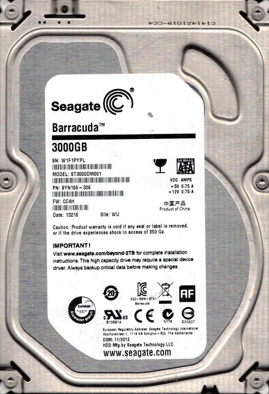 ST3000DM001 P/N: 9YN166-306 F/W: CC4H WU W1F1 11/2012 Seagate 3TB