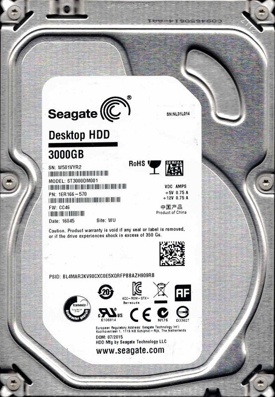 ST3000DM001 P/N: 1ER166-570 F/W: CC46 WU W501 07/2015 Seagate 3TB