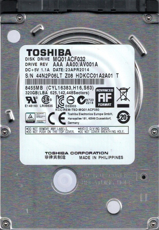 MQ01ACF032 AAA AA00/AV001A PHILIPPINES 320GB Toshiba