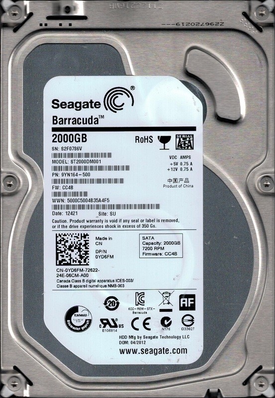 ST2000DM001 P/N: 9YN164-500 F/W: CC4B SU S2F Seagate 2TB