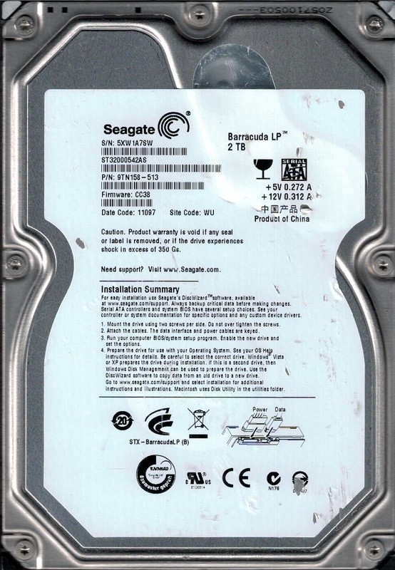 Seagate ST32000542AS F/W: CC38 P/N: 9TN158-513 2TB WU 5XW Barracuda LP