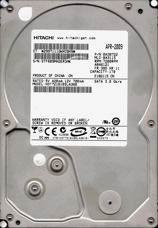 HDT721010SLA360 P/N: 0A38722 MLC: BA3115 China Hitachi 1TB