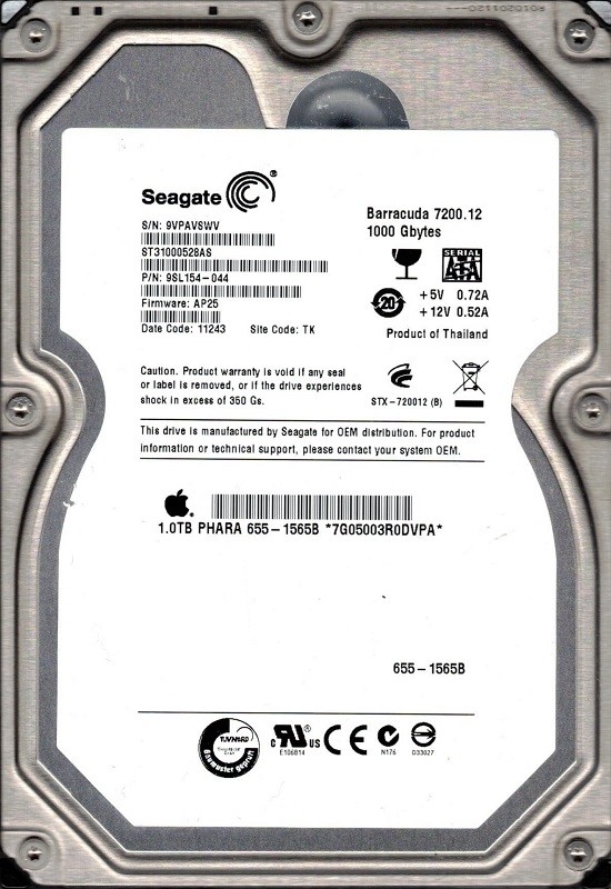 Seagate ST31000528AS P/N: 9SL154-044 F/W: AP25 TK 9VP 1TB MAC 655-1565B