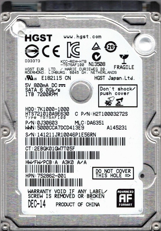 HTS721010A9E630 MLC: DA6351 P/N: 0J30603 HGST 1TB