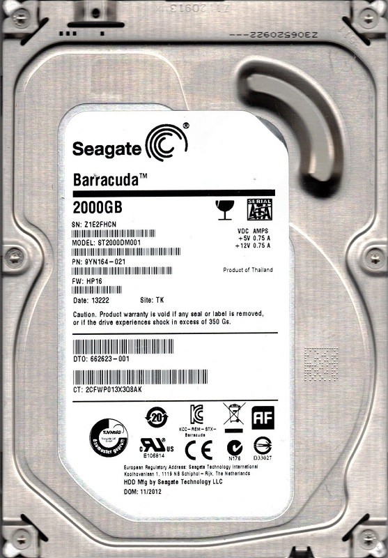 ST2000DM001 P/N: 9YN164-021 F/W: HP16 TK Z1E Seagate Barracuda 2TB