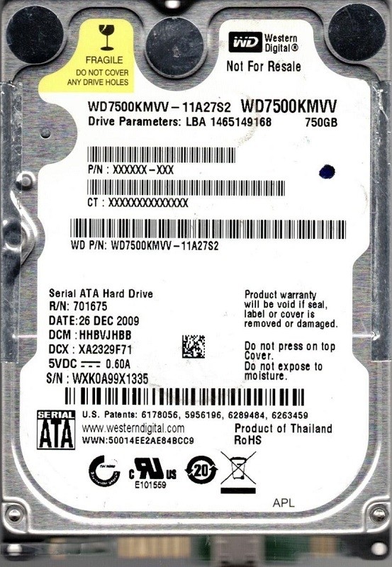 Western Digital WD7500KMVV-11A27S2 USB 2.0 750GB DCM: HHBVJHBB